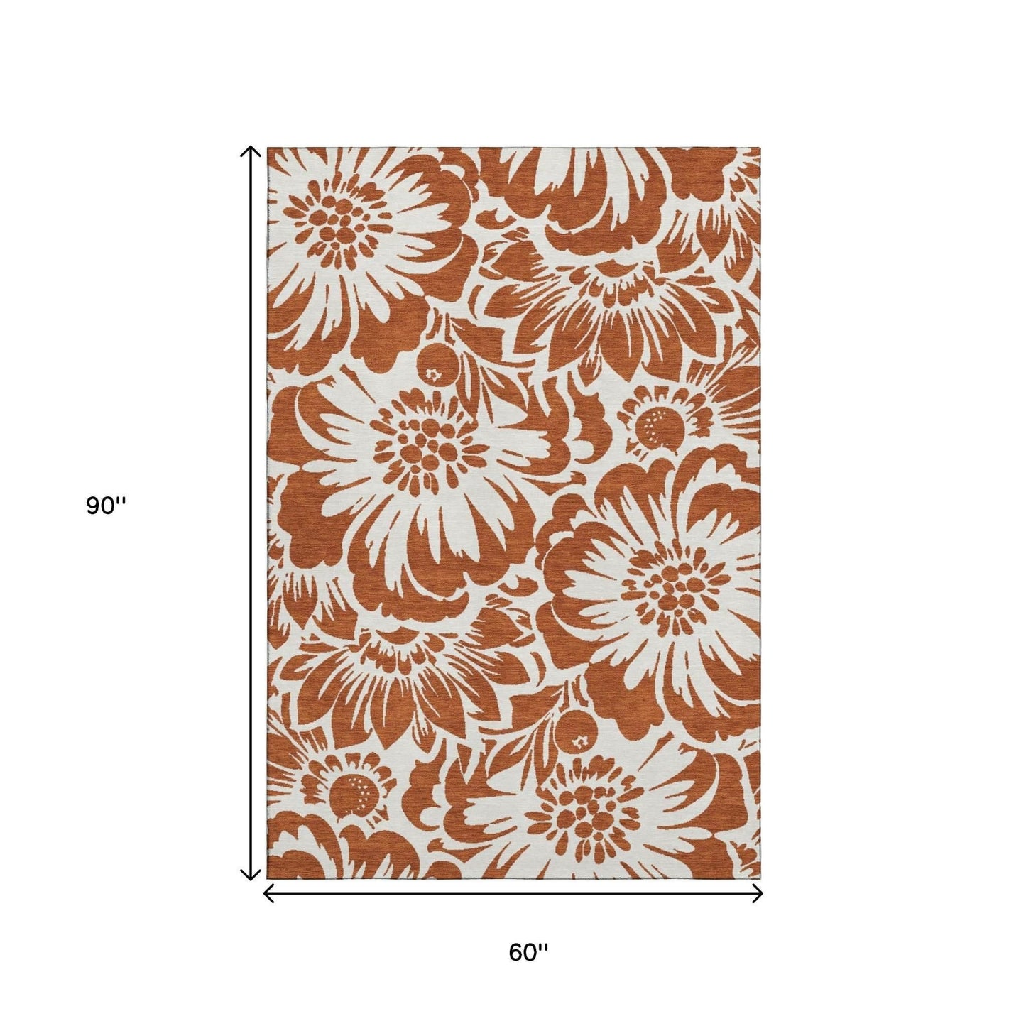 5' X 8' Rust and Ivory Floral Washable Area Rug with UV Protection