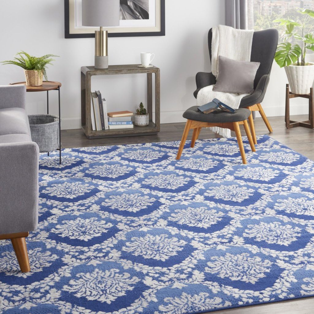 7' X 10' Ivory and Blue Damask Distressed Non Skid Area Rug