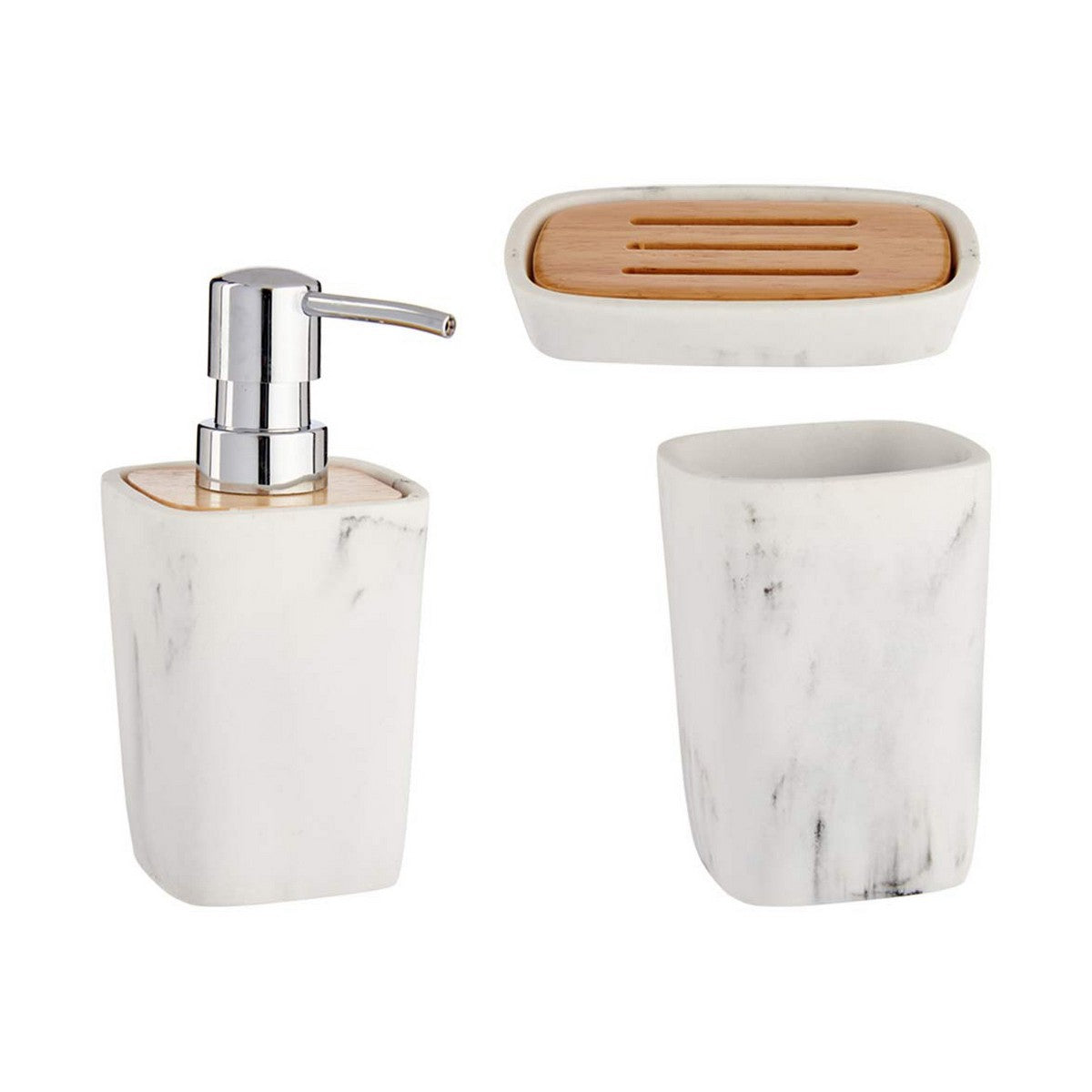 Bath Set White Brown Plastic Bamboo