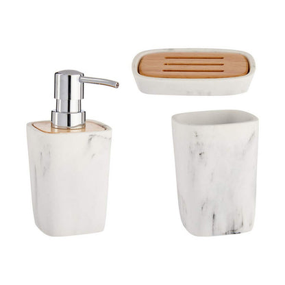 Bath Set White Brown Plastic Bamboo