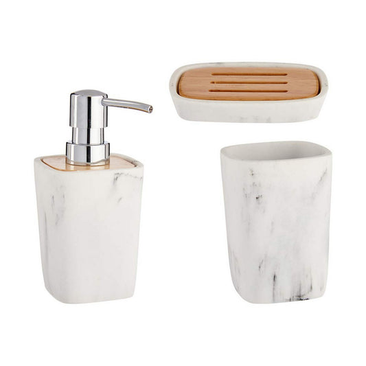 Bath Set White Brown Plastic Bamboo