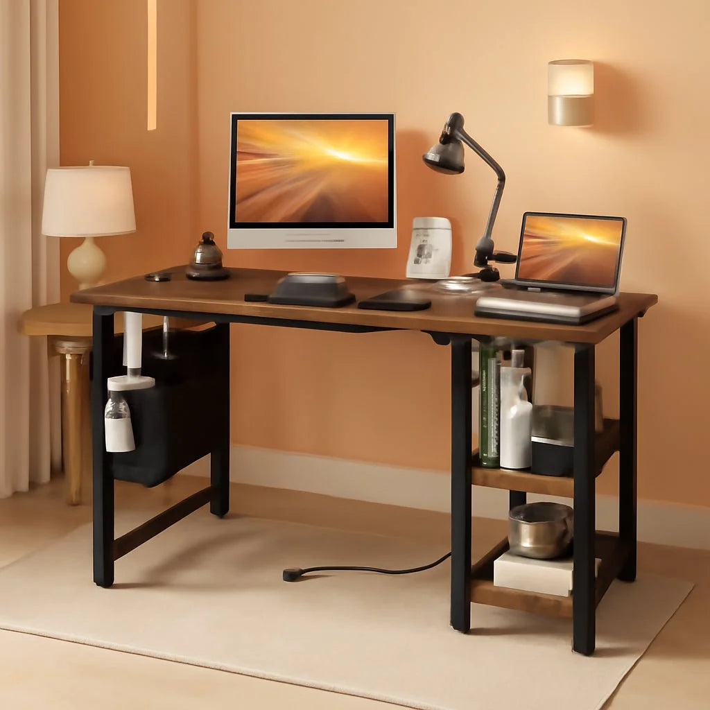 40 Inch L Shaped Desk With Power Outlet And Shelves Rustic Brown