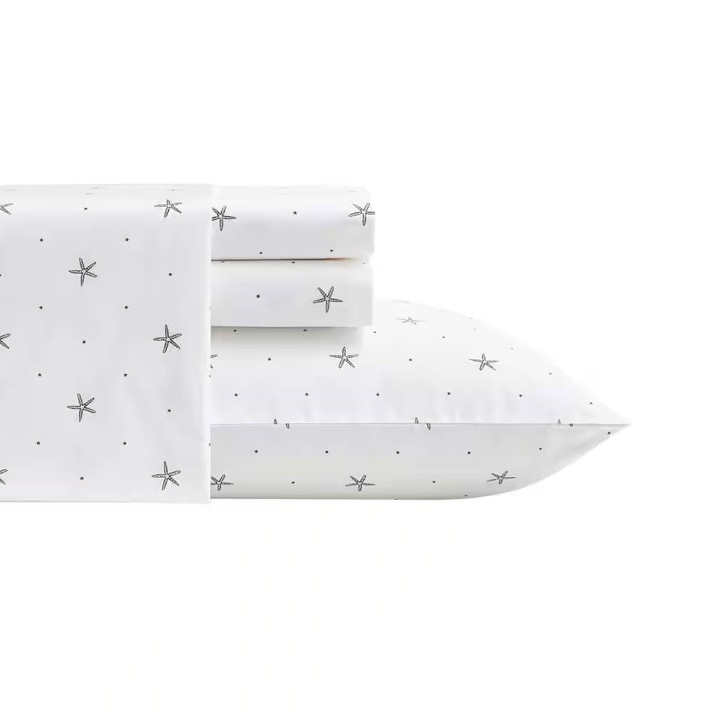 Queen Size Coastal Beach Starfish White Navy Red 100-Percent Cotton Sheet Set
