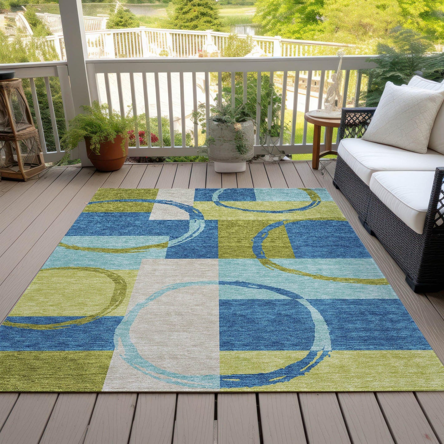 5' X 8' Denim Blue and Lime Green Geometric Washable Indoor Outdoor Area Rug