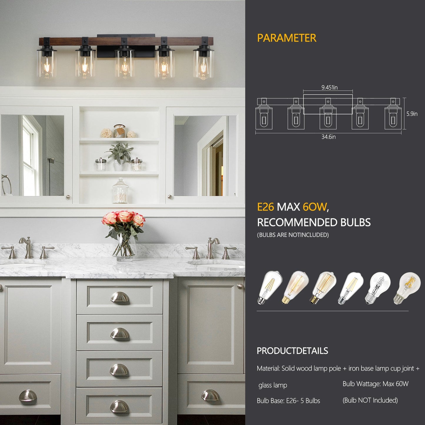 (Same as W1340p155972/L1015-5) 5-Lights Farmhouse Vanity Lights Fixture Rustic Bathroom Light Fixture Bathroom Sconce(Wi