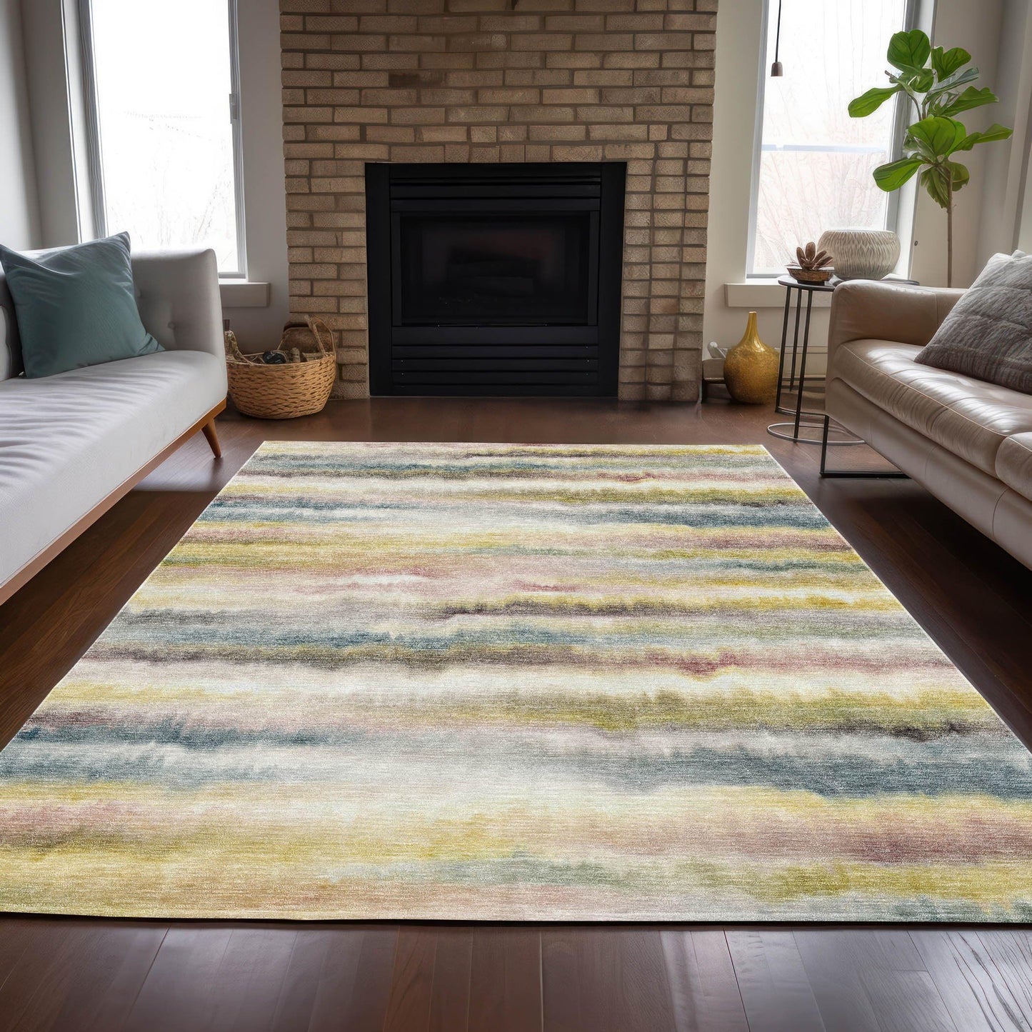 5' X 8' Gold Gray and Ivory Striped Washable Indoor Outdoor Area Rug