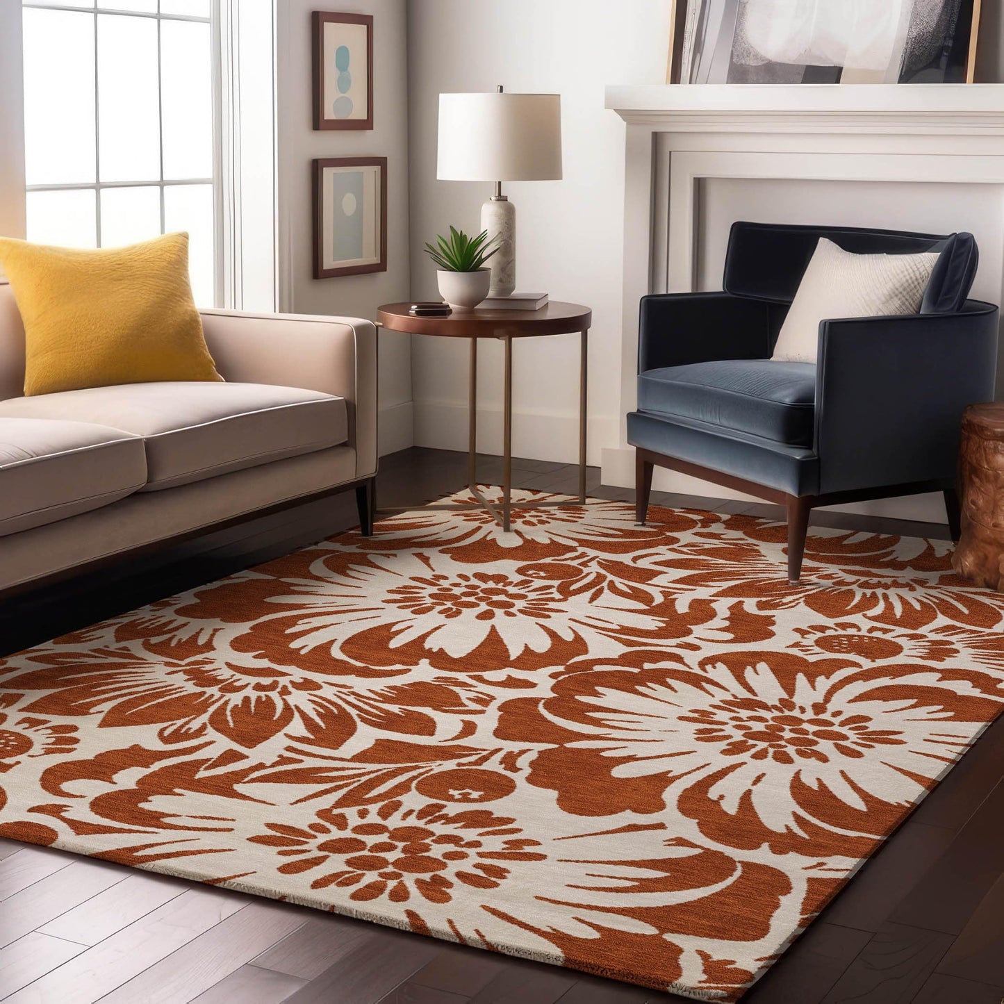 5' X 8' Rust and Ivory Floral Washable Area Rug with UV Protection