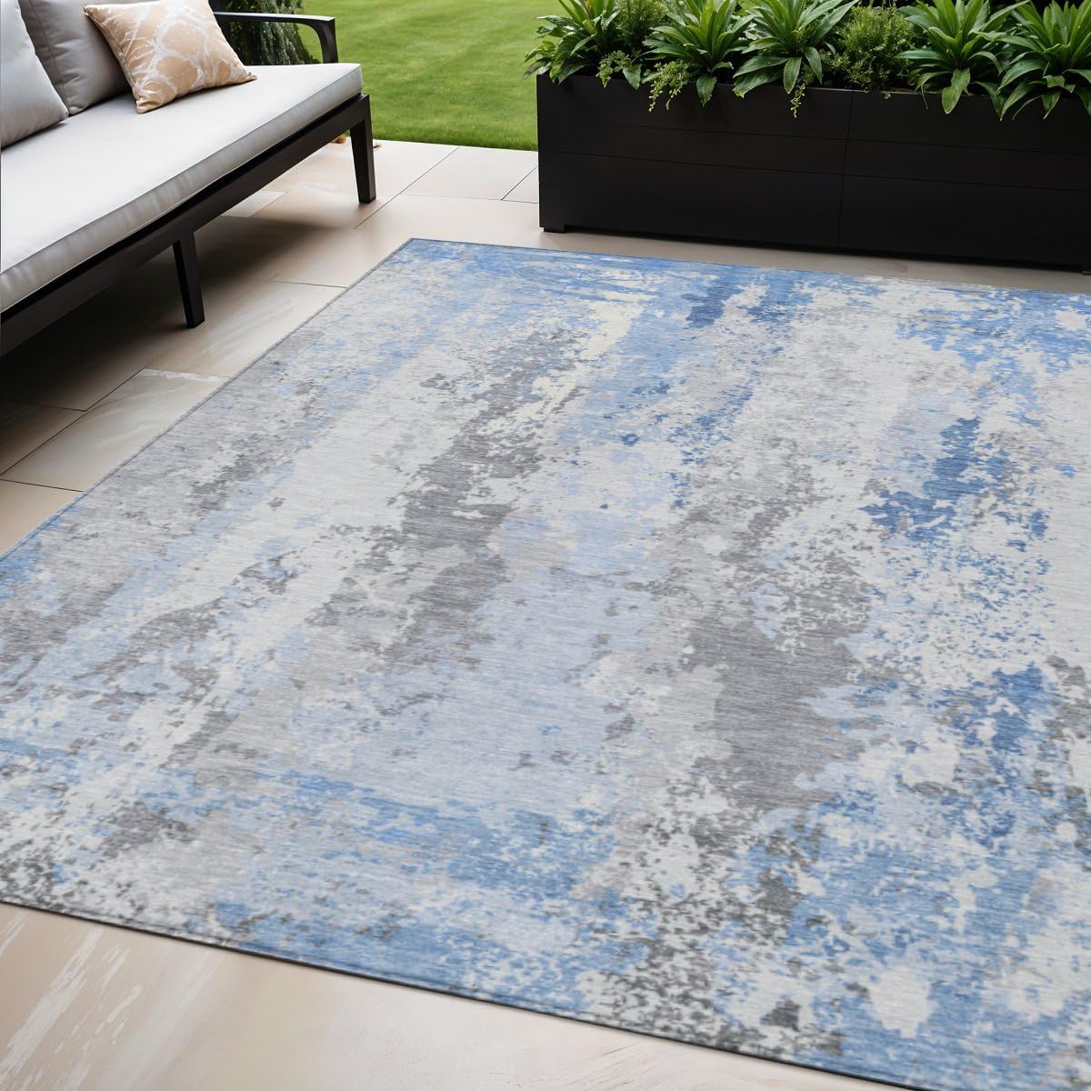 5' X 8' Sky Blue and Ivory Abstract Washable Indoor Outdoor Area Rug