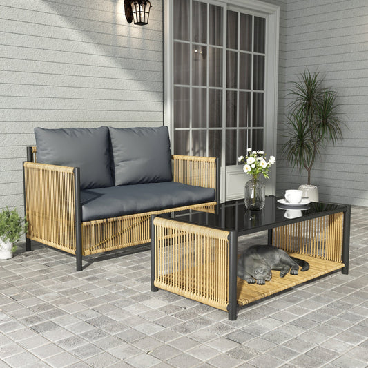 New Comming Outdoor PE Brown Wicker 2seats Sofa With Grey Cushion and Table Set
