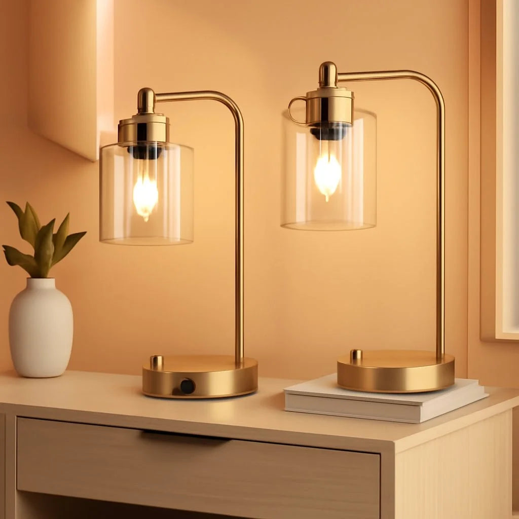 Set Of 2 Gold Table Lamps With 2 USB Ports Dimmable