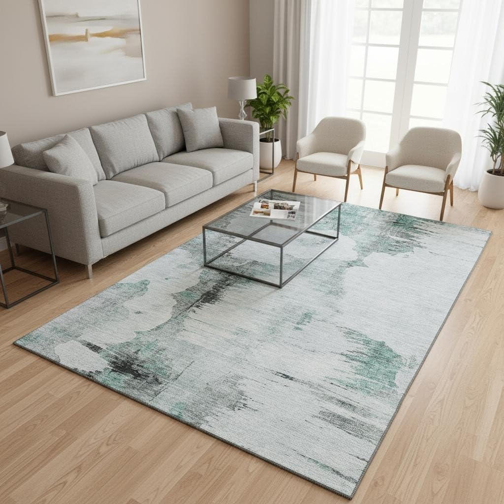 5' X 8' Teal Gray and Ivory Abstract Washable Area Rug with UV Protection