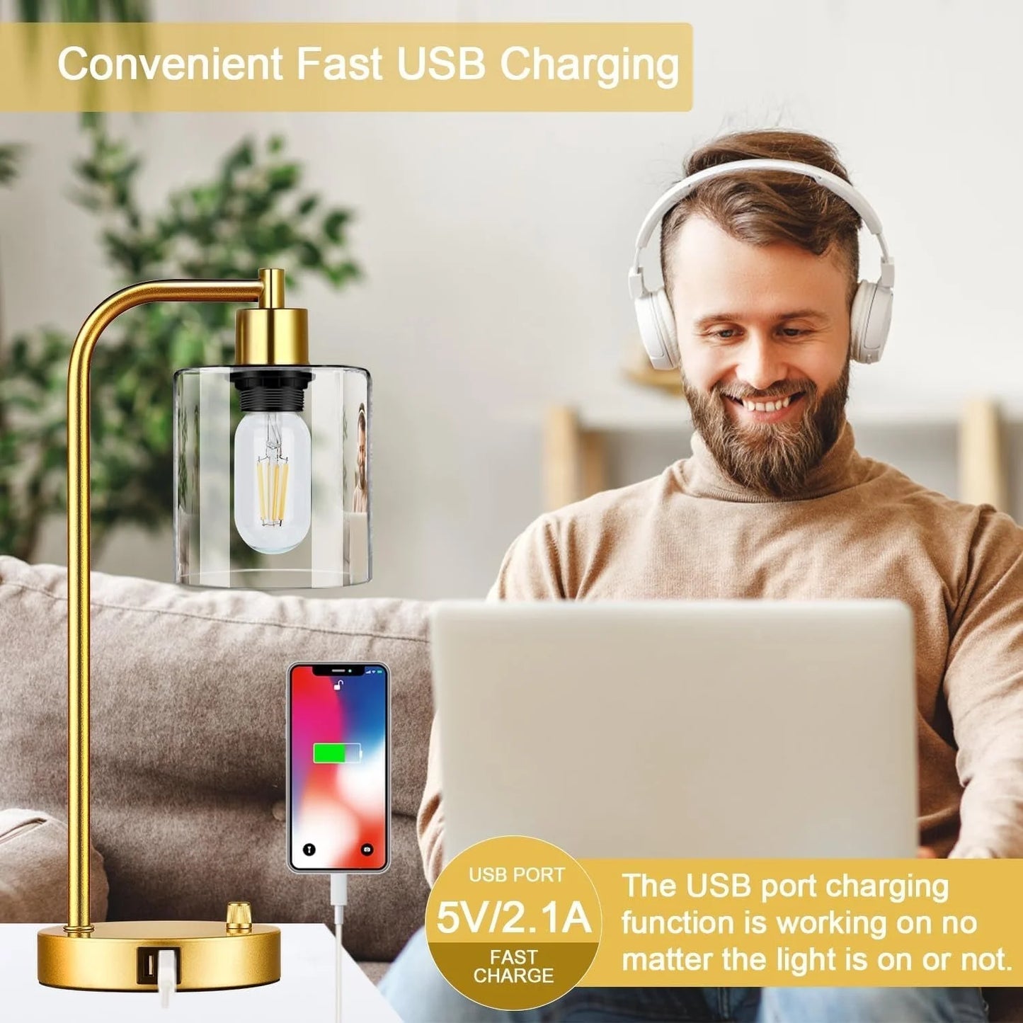 Set Of 2 Gold Table Lamps With 2 USB Ports Dimmable