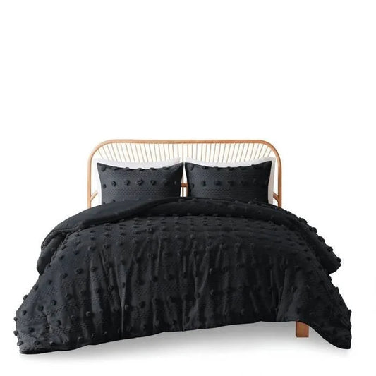King/Cal King 3 Piece Pompom Microfiber Hypoallergenic Comforter Set in Black