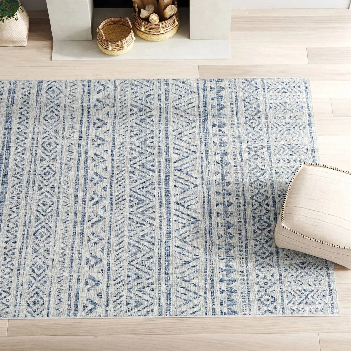 4 ft. x 6 ft. Blue Grey Chevron Coastal Boho Style Indoor Outdoor Area Rug - Puck's Home Store