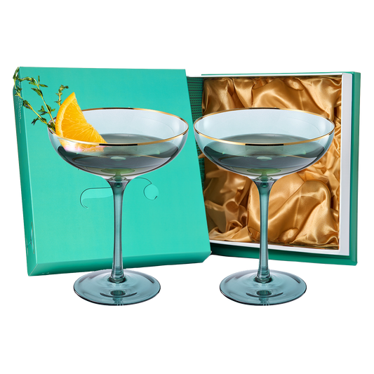 Colored Green & Gilded Rim Wine Glassware, Large 9oz Cocktail & Champagne Glasses 2-Set Vibrant Color Gold Vintage Stemmed Wine Glass, Glassware Gift Idea Perfect for Spring, Mother's Day (Coupe)