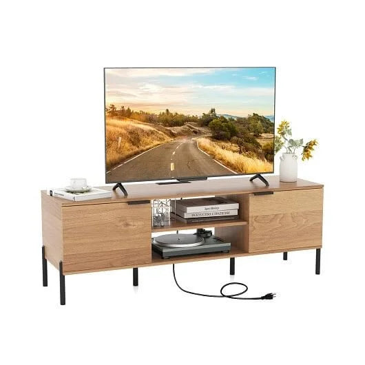 2-Door TV Stand with Charging Station and Open Shelves for TVs up to 65 Inches-Natural