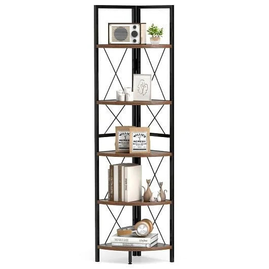 5-Tier Freestanding Corner Shelf 63 Inch Tall Storage Rack-Rustic Brown