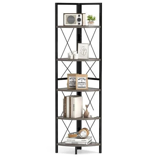 5-Tier Freestanding Corner Shelf 63 Inch Tall Storage Rack-Rustic Brown