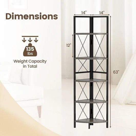 5-Tier Freestanding Corner Shelf 63 Inch Tall Storage Rack-Rustic Brown