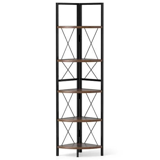 5-Tier Freestanding Corner Shelf 63 Inch Tall Storage Rack-Rustic Brown