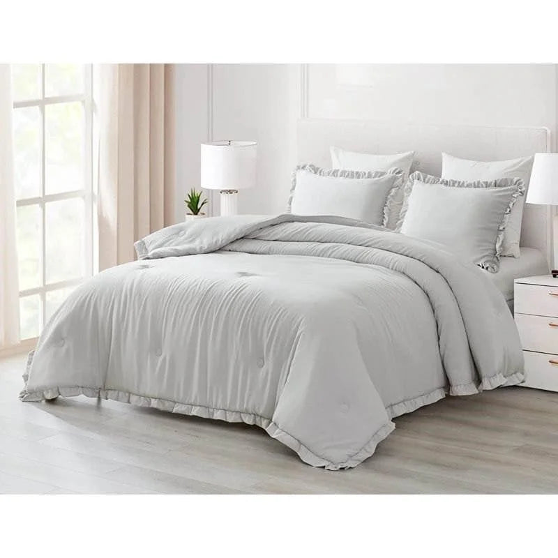 King Oversized Grey Ruffled Edge Microfiber Comforter Set