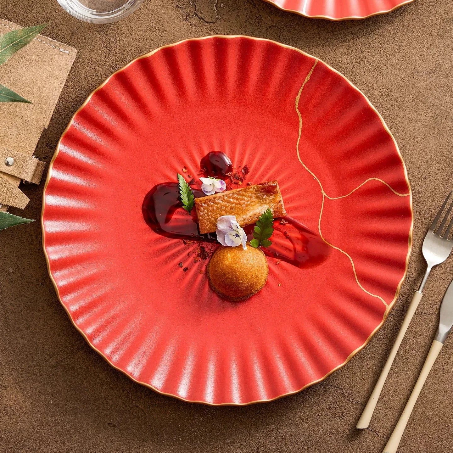 Luxury Red Ceramic Dinner Plate with Golden Rim – 10" Japanese Style Flat Plate