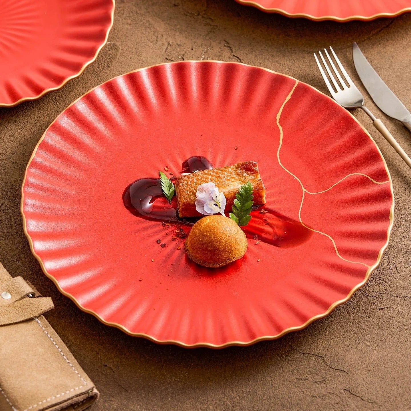 Luxury Red Ceramic Dinner Plate with Golden Rim – 10" Japanese Style Flat Plate