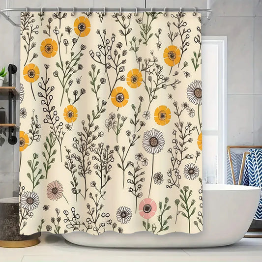 Yellow Flower Bath Curtain Set Shower Decor Vintage Print Modern Home Decor Shower Curtain 3D Printing Waterproof Fabric Bathroo