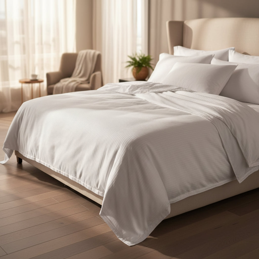 T-250 White Blended 10 MM Satin Stripe Bed Sheets
