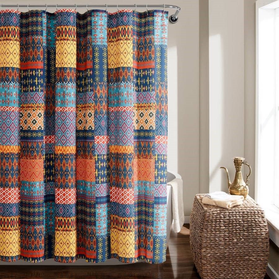 72-inch Navy Blue Orange Yellow Teal Boho Patchwork Polyester Shower Curtain