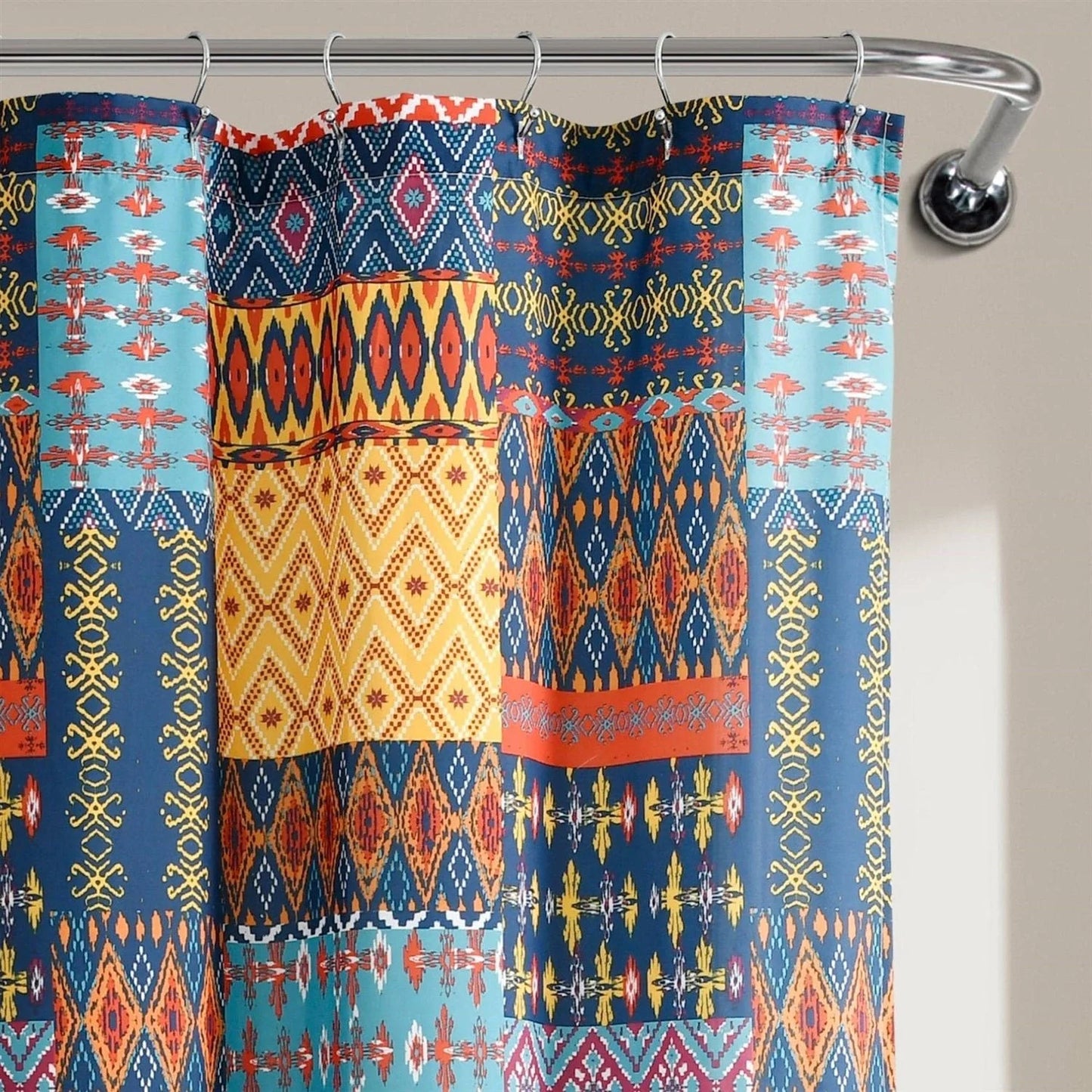 72-inch Navy Blue Orange Yellow Teal Boho Patchwork Polyester Shower Curtain