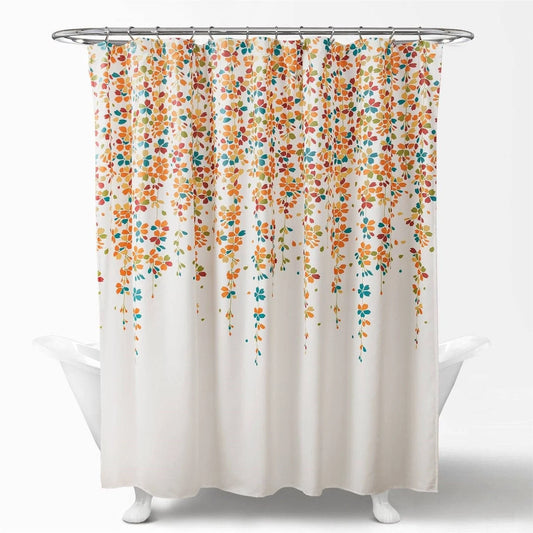 72-inch White Turquoise Blue Orange Floral Flowers Shower Curtain
