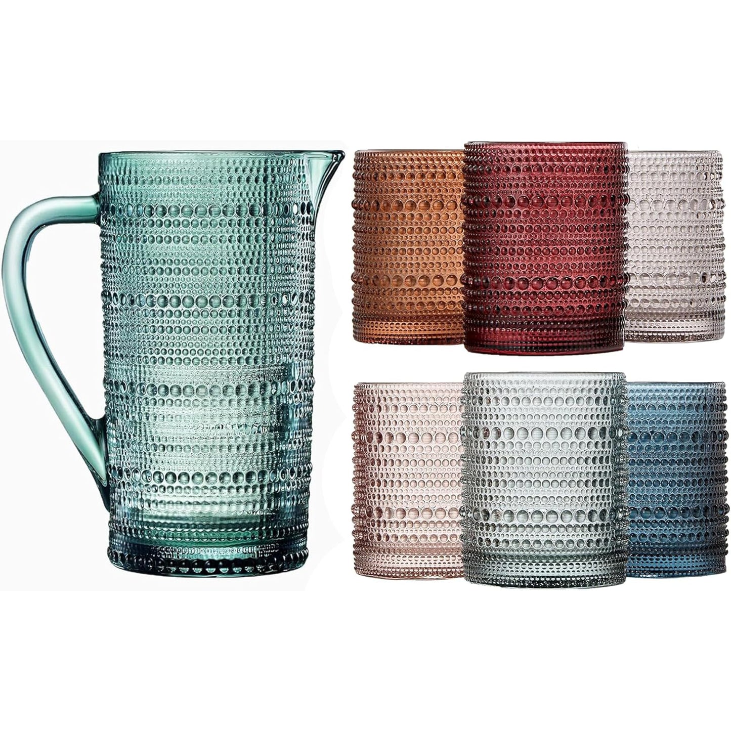 Hobnail Beaded Pitcher & Tumbler Glasses Set | Set of 6 Glasses & Carafe