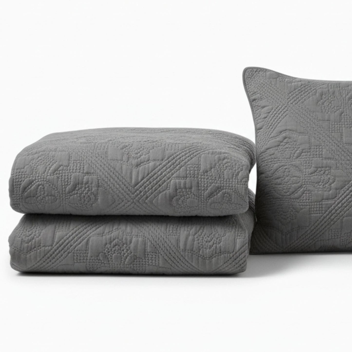 DaDa Bedding Floral Vintage Stone Wash Grey Matelassé Ash Silver Diamond Pattern Quilted Bedspread Set (JHW855)