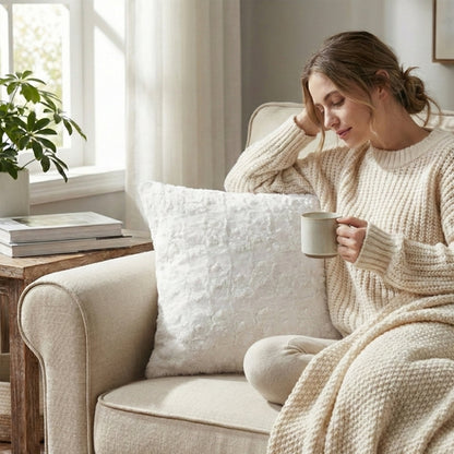 DaDa Bedding Luxury White Roses Swirls Faux Fur Euro Cushion Throw