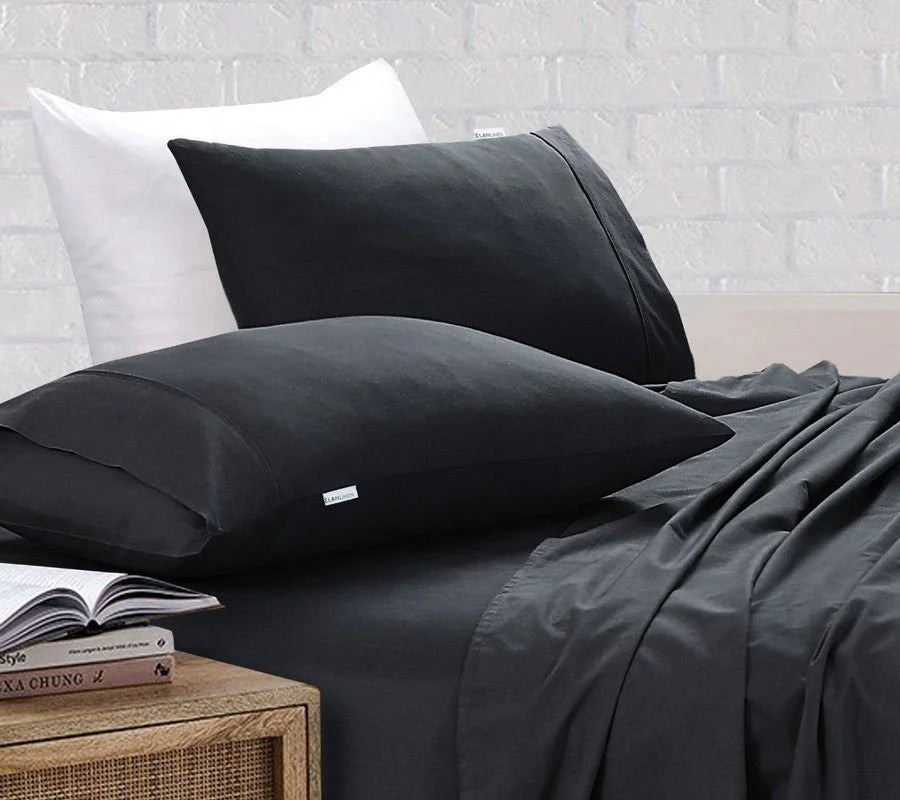 NNEDSZ Elan Linen 100% Egyptian Cotton Vintage Washed 500TC Charcoal Single Bed Sheets Set