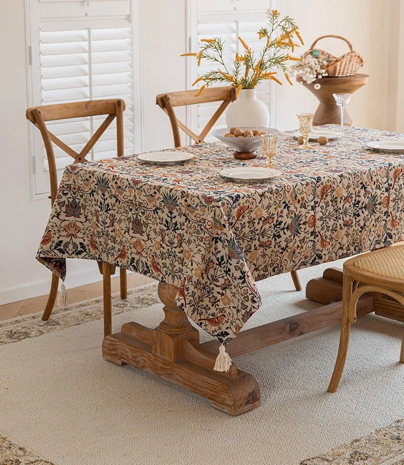 NNEDSZ Floral Vintage Bird Tassel Tablecloth | Vintage Cotton and Linen Jacquard Tablecloth, 140*180cm