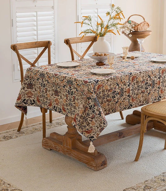 NNEDSZ Floral Vintage Bird Tassel Tablecloth | Vintage Cotton and Linen Jacquard Tablecloth, 140*180cm