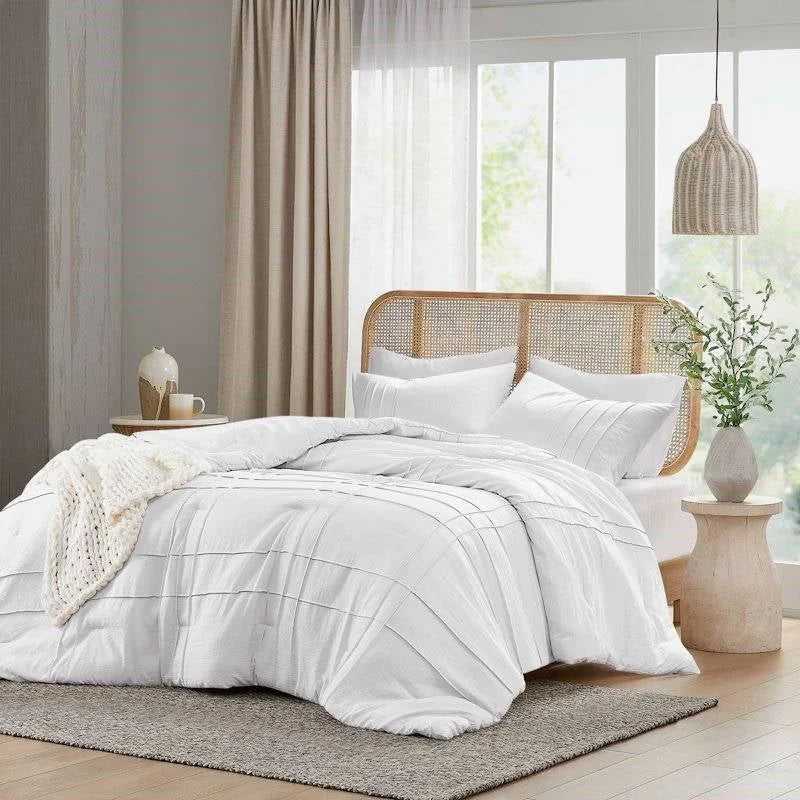 King Size Microfiber Pleated Soft Washed Comforter Set White