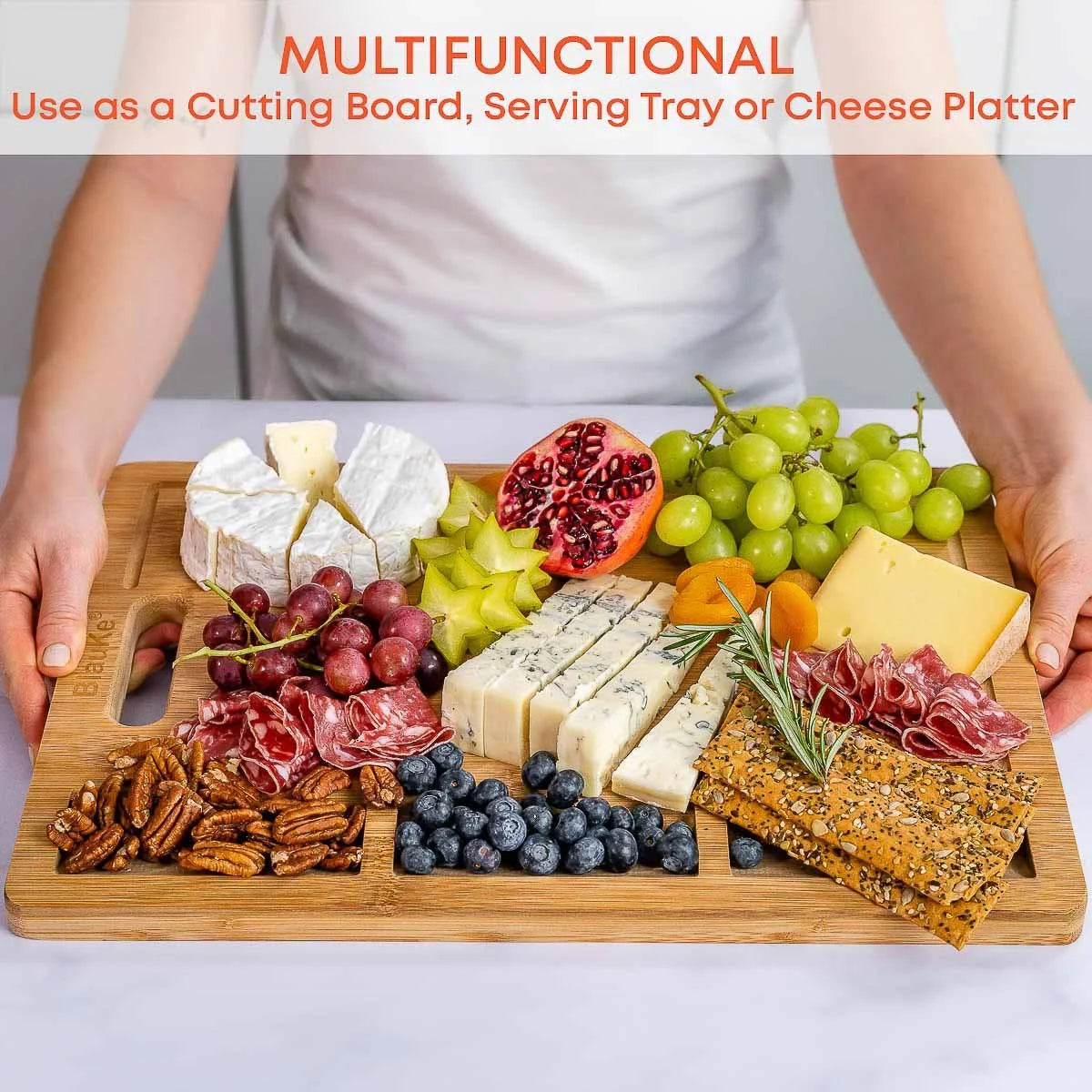 Extra Large Bamboo Cutting Board - 17x12.5 inch Wood Cutting Board for Meat, Cheese, Veggies - Wood Serving Tray with Juice Groove and 3 Compartments