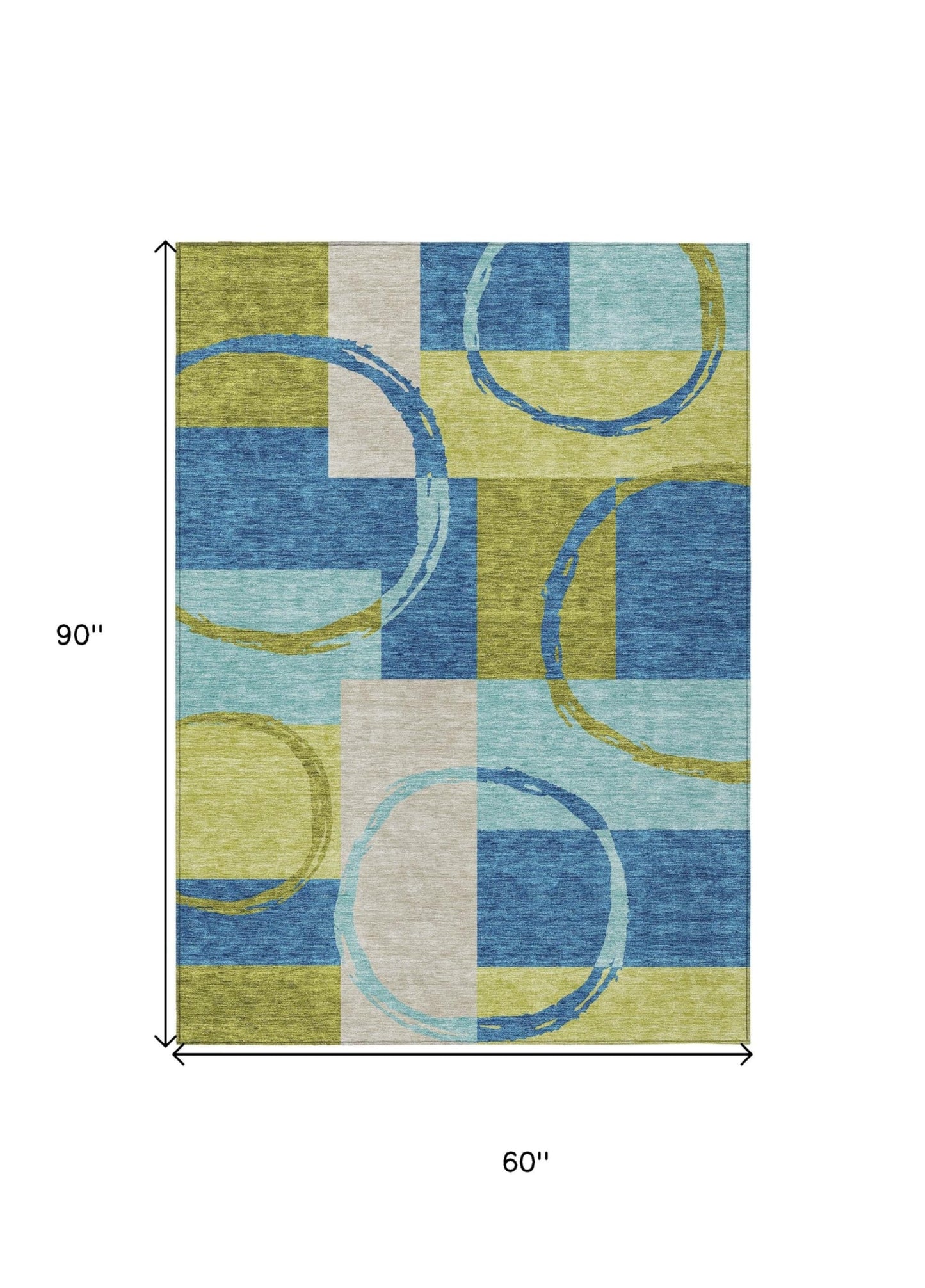 5' X 8' Denim Blue and Lime Green Geometric Washable Indoor Outdoor Area Rug
