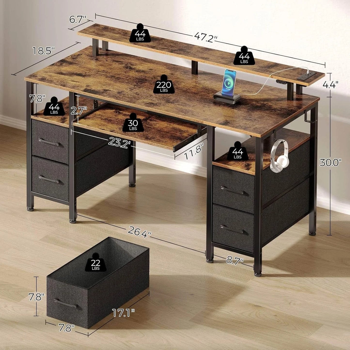 47.2 Inch LED Computer Desk With Built In Power Outlets