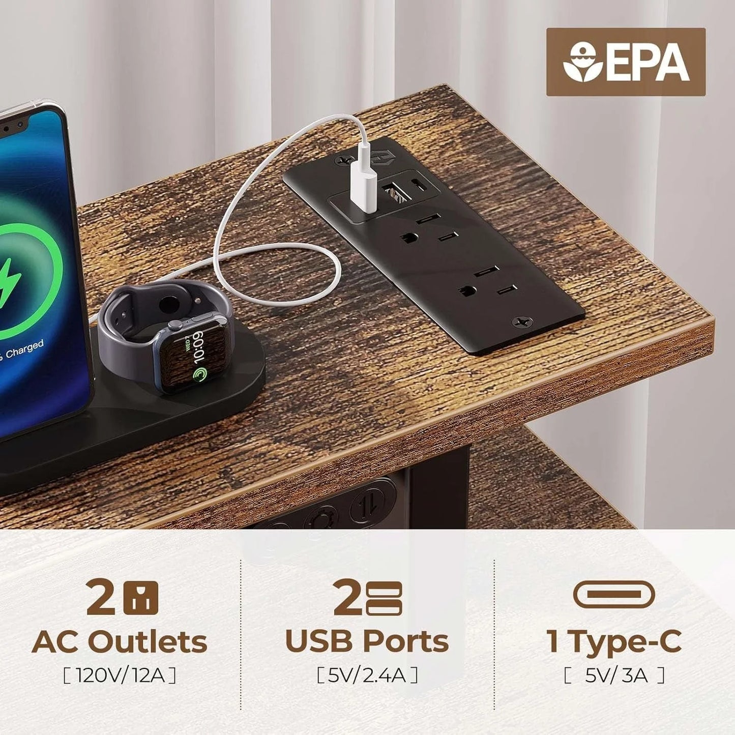 47.2 Inch LED Computer Desk With Built In Power Outlets