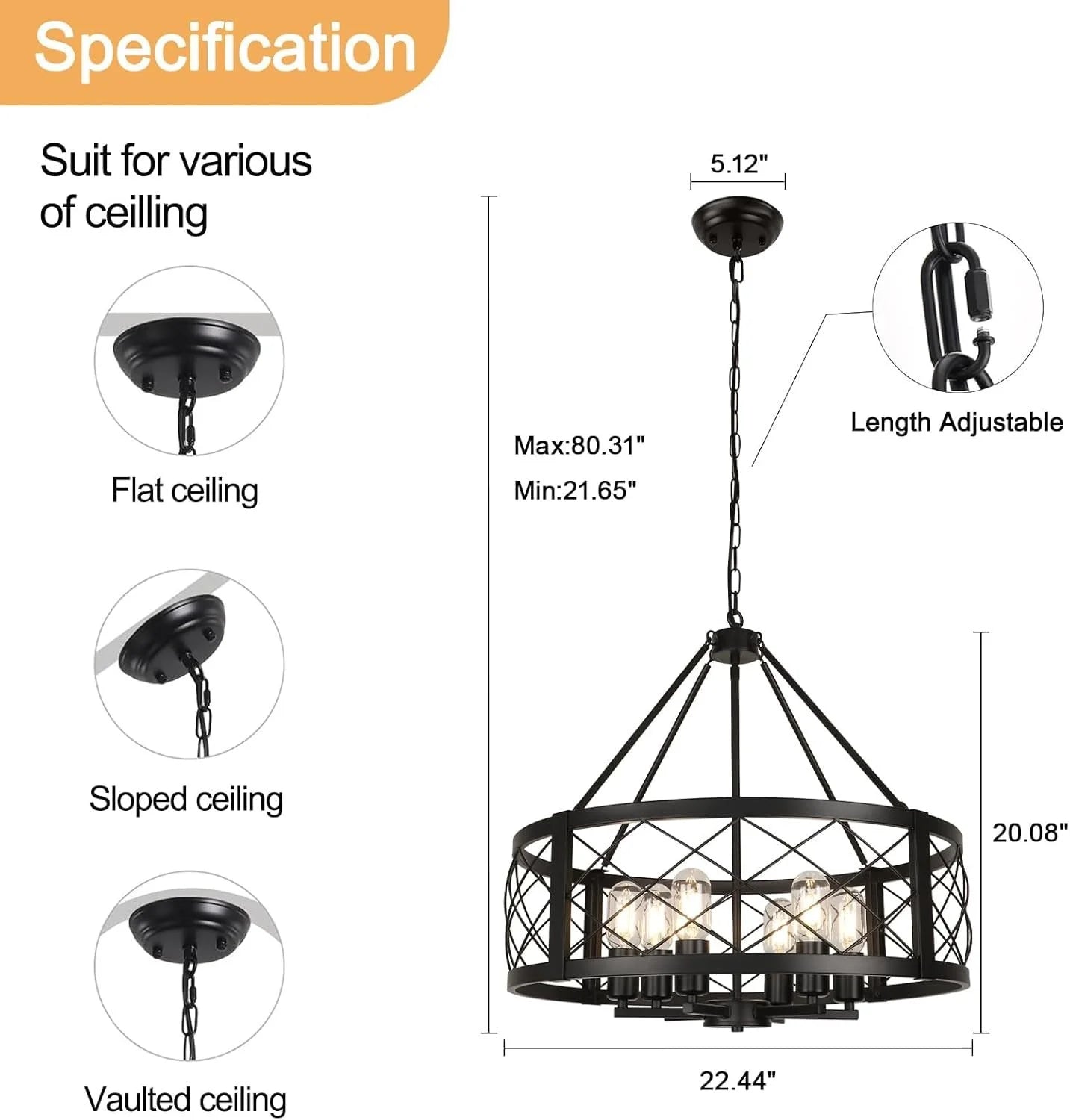 6 Light Black Rustic Drum Chandelier For Dining Room