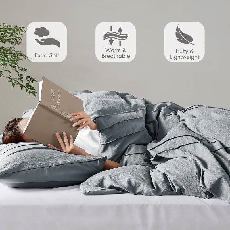 King Size Pleated Pre-Washed Microfiber Comforter Set in Blue Grey