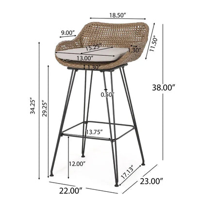 29.25' Outdoor Wicker and Iron Barstools, Light Brown, Beige Cushion (Set of 2)