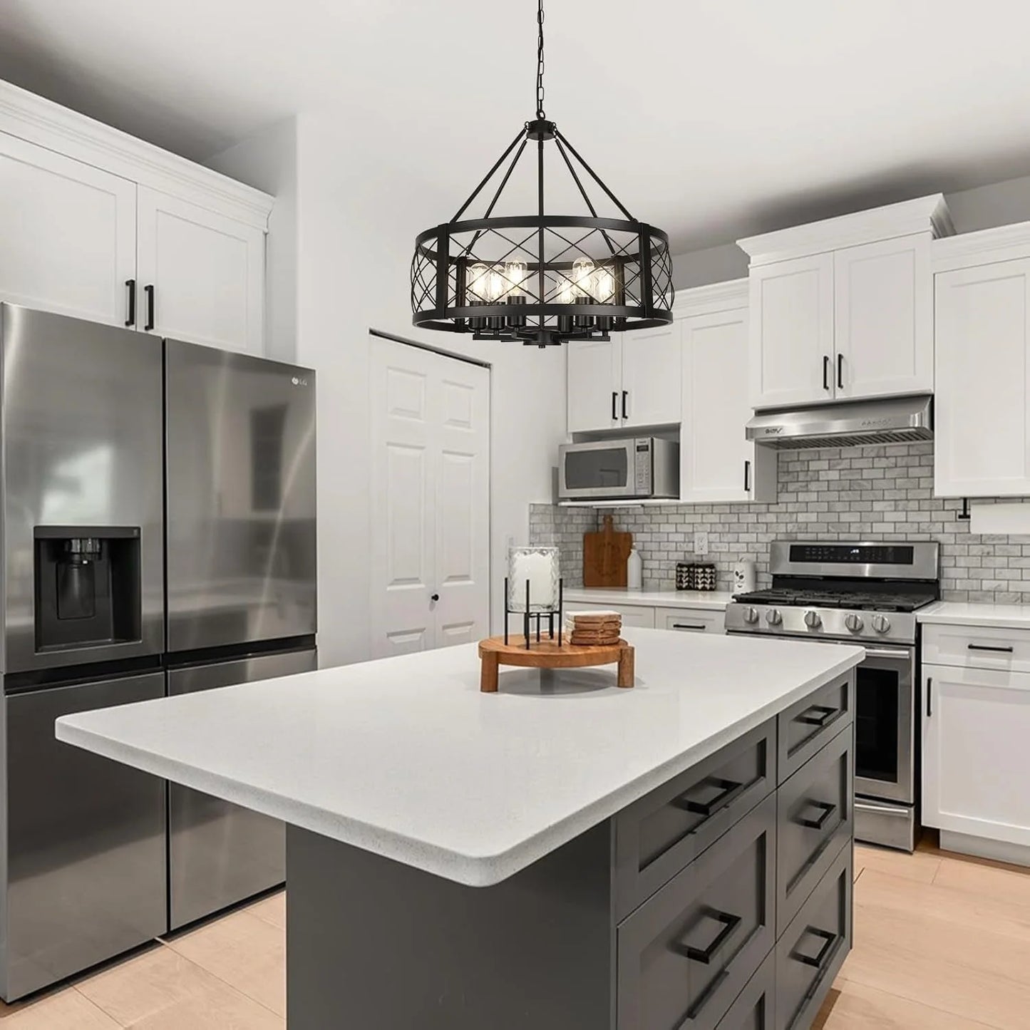 6 Light Black Rustic Drum Chandelier For Dining Room