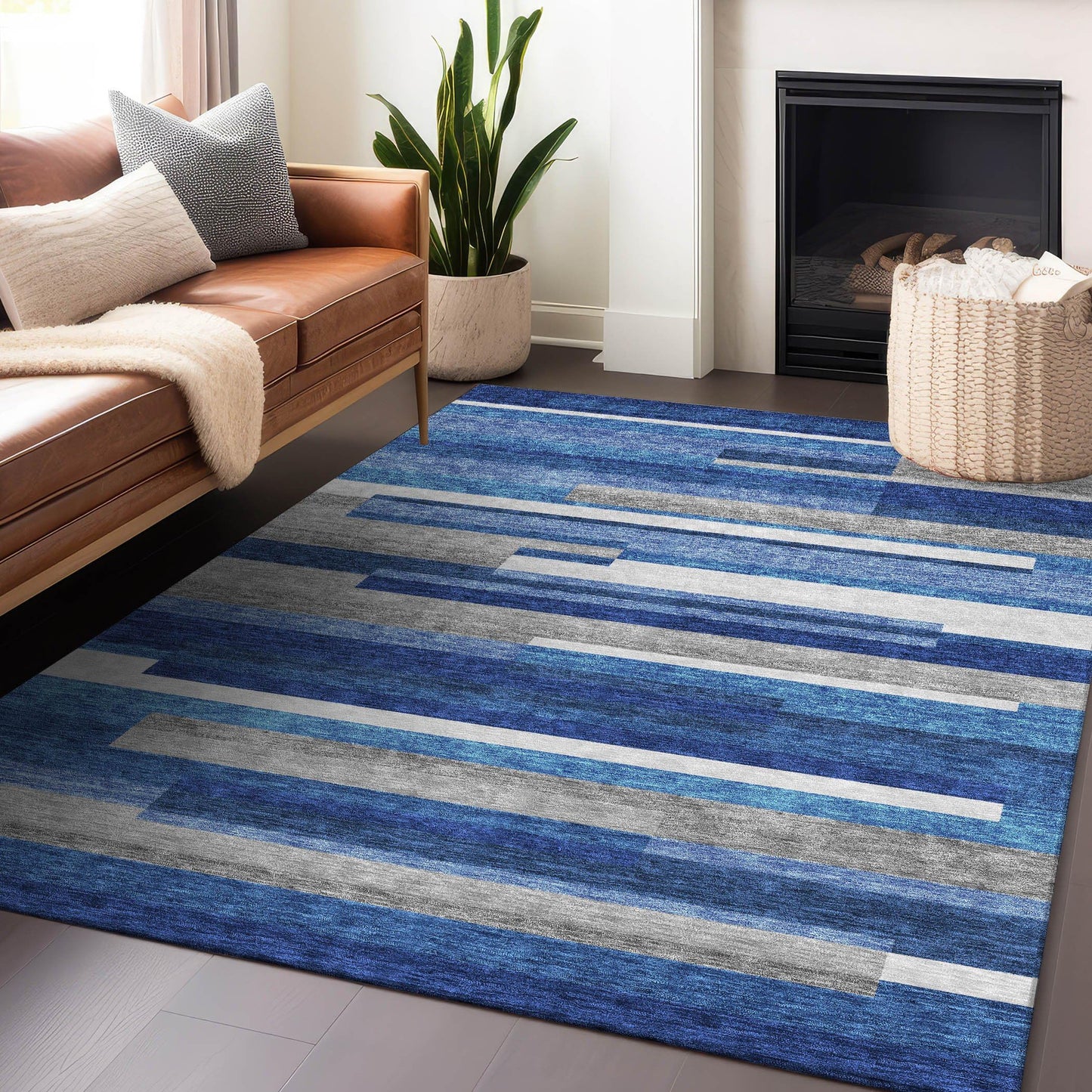 5' X 8' Blue Gray and Ivory Striped Washable Area Rug with UV Protection