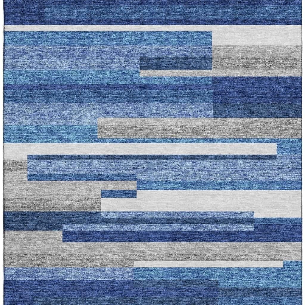 5' X 8' Blue Gray and Ivory Striped Washable Area Rug with UV Protection
