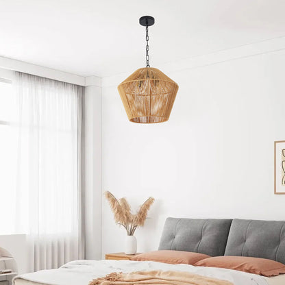 Boho Hemp Rope Pendant Light, Handcrafted Farmhouse Hanging Light Fixture